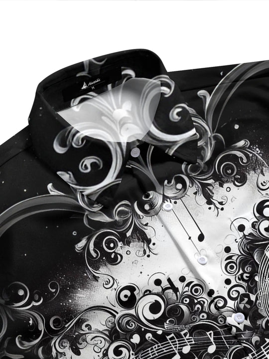 Adaychic Men's Graphic Music Notes Print Heart Swirls Print Short Sleeve Shirt with Chest Pocket