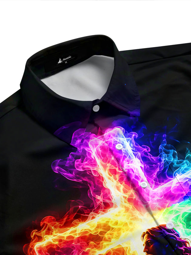 Adaychic Men's Graphic Rainbow Smoke Cross Jesus Print Short Sleeve Button Down Shirt with Chest Pocket