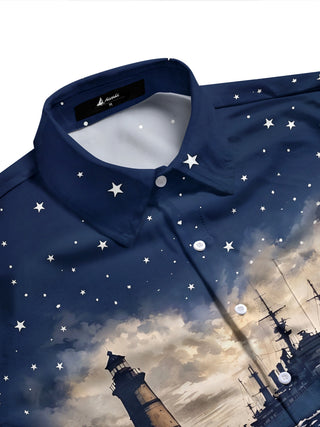 Adaychic Men's Lighthouse And Battleship On Ocean Waves Print Long Sleeve Shirt with Chest Pocket