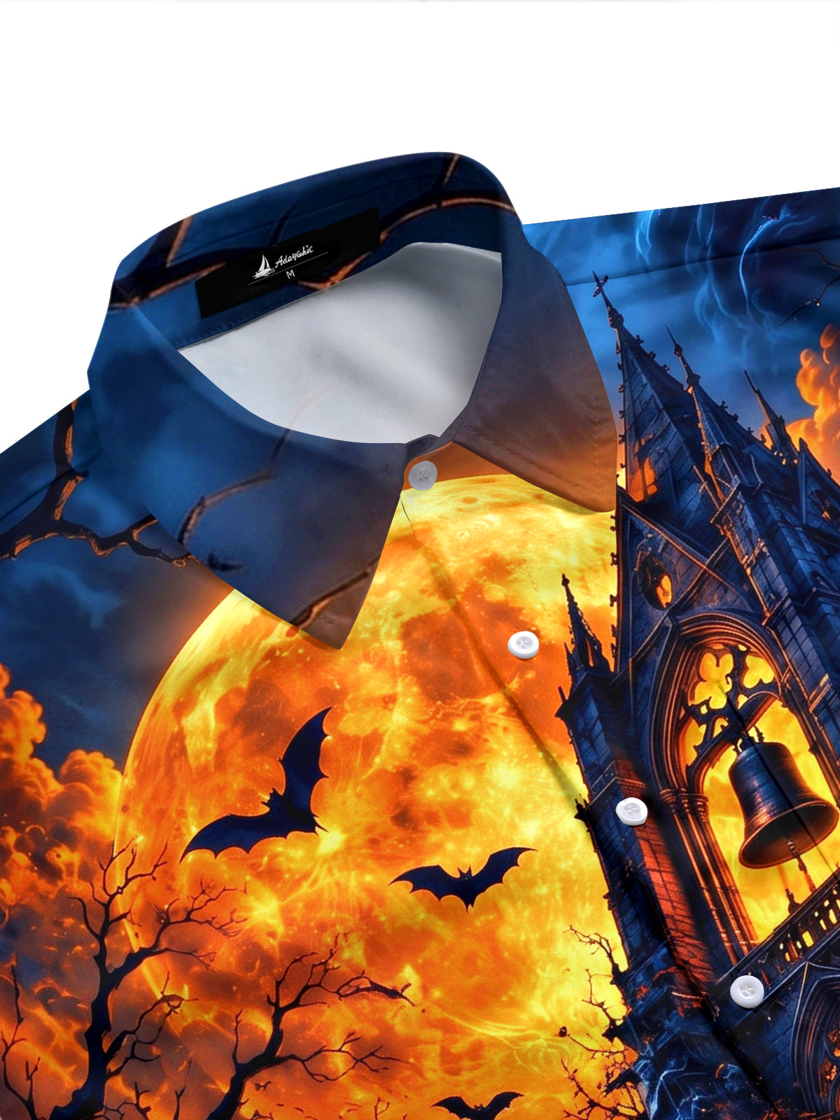 Adaychic Men's Halloween Gothic Castle And Bats Print Short Sleeve Shirt with Chest Pocket