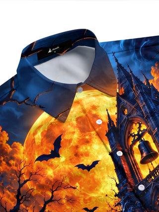 Adaychic Men's Halloween Gothic Castle And Bats Print Short Sleeve Shirt with Chest Pocket