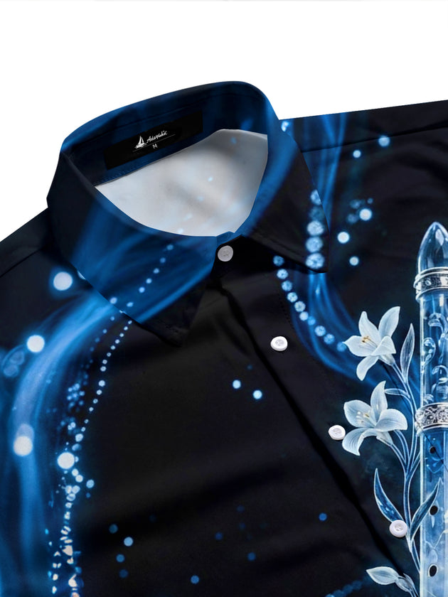 Adaychic Men's Hawaiian Crystal Flute Print Short Sleeve Shirt with Chest Pocket