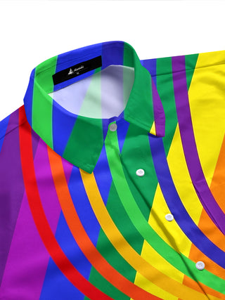 Adaychic Men's Printed Rainbow Wavy Stripes Print Short Sleeve Shirt with Chest Pocket