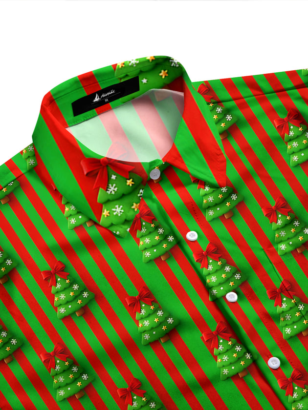 Adaychic Men's Long Sleeve Shirt - Christmas Trees With Red Bows And Snowflakes Print with Chest Pocket