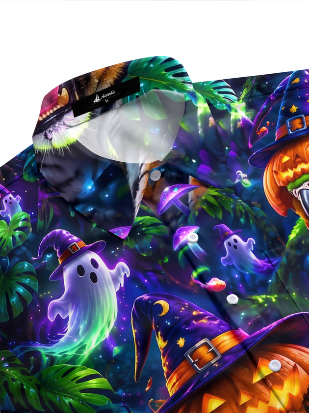 Adaychic Men's Hawaiian Halloween Tiger Print Short Sleeve Shirt with Chest Pocket