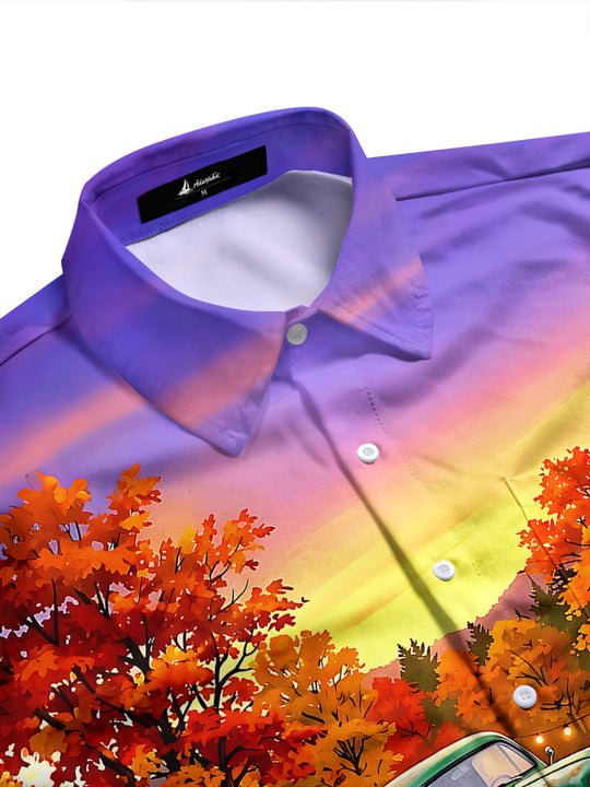 Adaychic Men's Vintage Style Autumn Camping Scene Print Long Sleeve Shirt with Chest Pocket