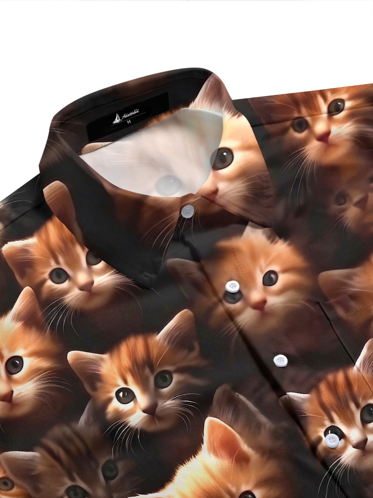 Adaychic Men's Vintage Style Kitten Faces Print Cat Print Short Sleeve Shirt with Chest Pocket