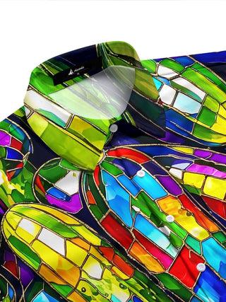 Adaychic Men's Hawaiian Stained Glass Cucumber Pattern Short Sleeve Shirt with Chest Pocket