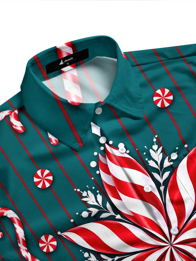Adaychic Men's Long Sleeve Shirt - Christmas Candy Cane And Peppermint Snowflake Print with Chest Pocket