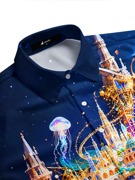 Adaychic Men's Fantasy Turtle And Floating Castle Print Short Sleeve Shirt with Chest Pocket