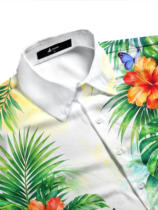 Adaychic Men's Long Sleeve Shirt - Tropical Hibiscus Flowers And Palm Leaves Print with Chest Pocket