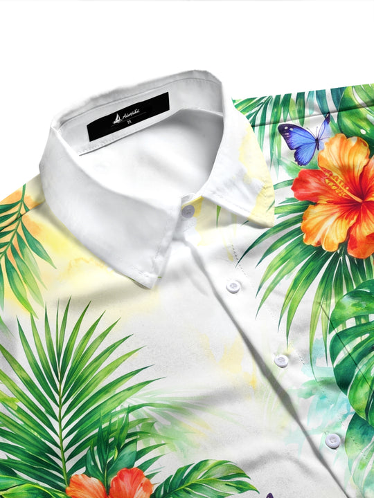 Adaychic Men's Long Sleeve Shirt - Tropical Hibiscus Flowers And Palm Leaves Print with Chest Pocket