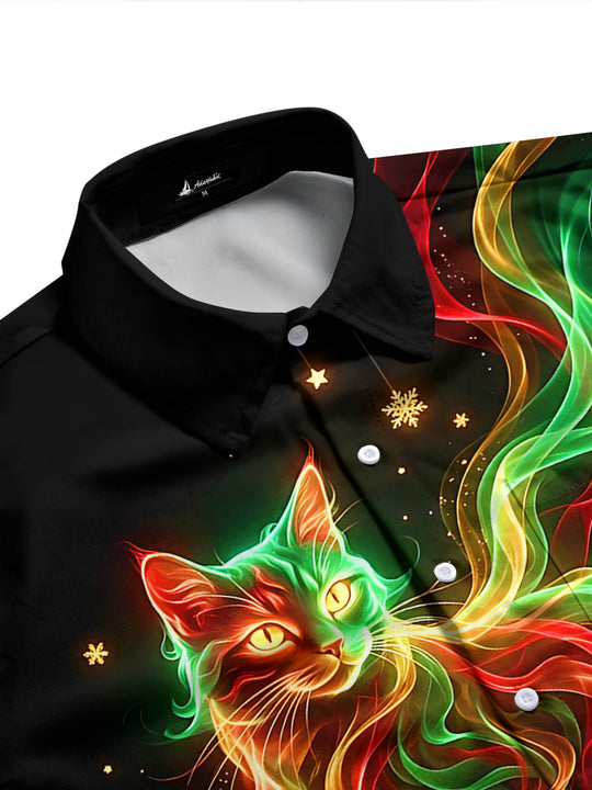 Adaychic Men's Long Sleeve Shirt - Christmas Neon Colorful Cat With Snowflakes And Stars Print with Chest Pocket