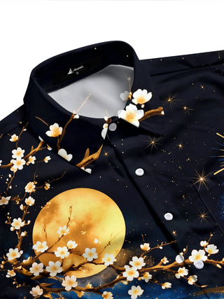 Adaychic Men's Printed Cherry Blossoms And Full Moon Print Long Sleeve Shirt with Chest Pocket