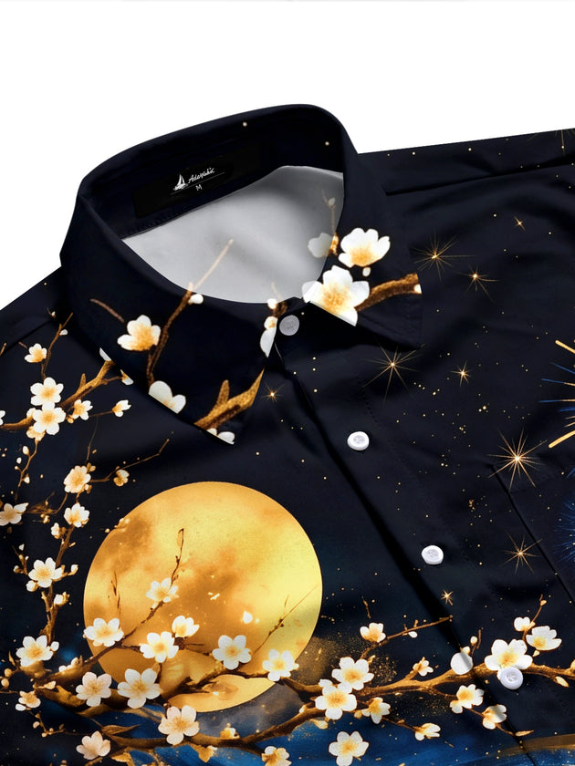 Adaychic Men's Printed Cherry Blossoms And Full Moon Print Long Sleeve Shirt with Chest Pocket
