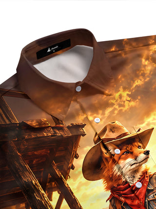 Adaychic Men's Printed Western Cowboy Fox Print Short Sleeve Shirt with Chest Pocket
