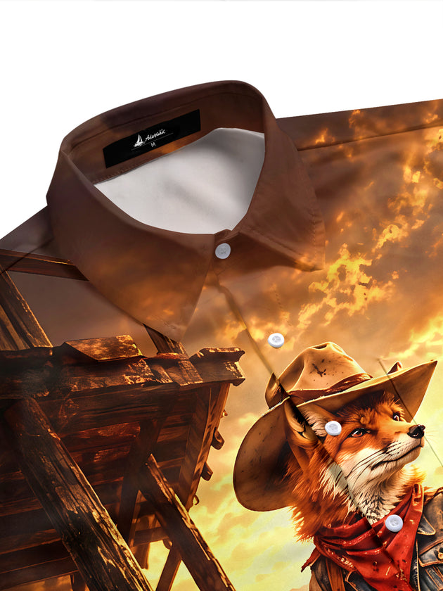 Adaychic Men's Printed Western Cowboy Fox Print Short Sleeve Shirt with Chest Pocket