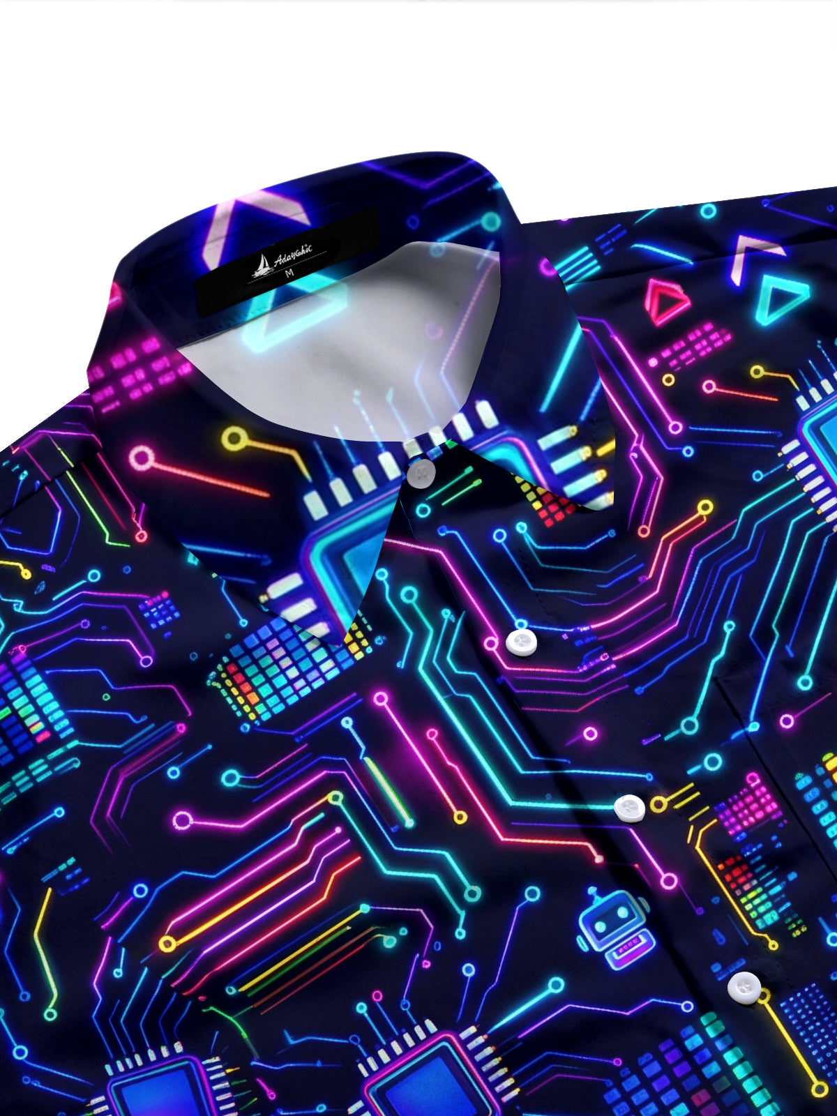 Adaychic Men's Retro Neon Circuit Board And Robot Icons Print Long Sleeve Shirt with Chest Pocket