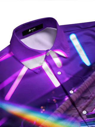 Adaychic Men's Long Sleeve Shirt - Neon Piano Keyboard With Rainbow Light Beam Print with Chest Pocket