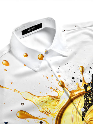Adaychic Men's Graphic Abstract Gold And Black Splash Print Short Sleeve Shirt with Chest Pocket