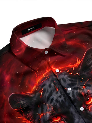 Adaychic Men's Black Panther With Lava And Fire Print Short Sleeve Shirt with Chest Pocket