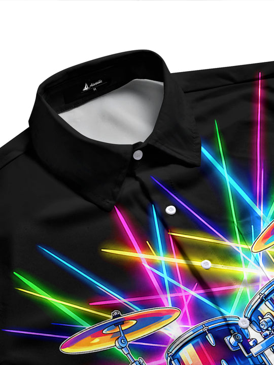Adaychic Men's Graphic Neon Drum Set Print Long Sleeve Shirt with Chest Pocket