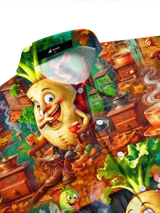 Adaychic Men's Cartoon Vegetables And Coffee Party Print Short Sleeve Shirt with Chest Pocket