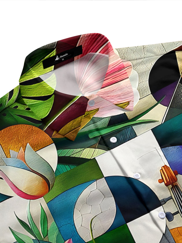 Adaychic Men's Violin And Tulip Geometric Print Short Sleeve Shirt with Chest Pocket