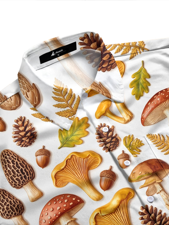 Adaychic Men's Printed Forest Mushroom Print Acorn Print Long Sleeve Shirt with Chest Pocket