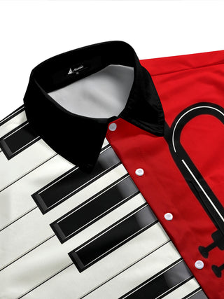 Adaychic Men's Graphic Piano Keyboard Print Short Sleeve Shirt with Chest Pocket