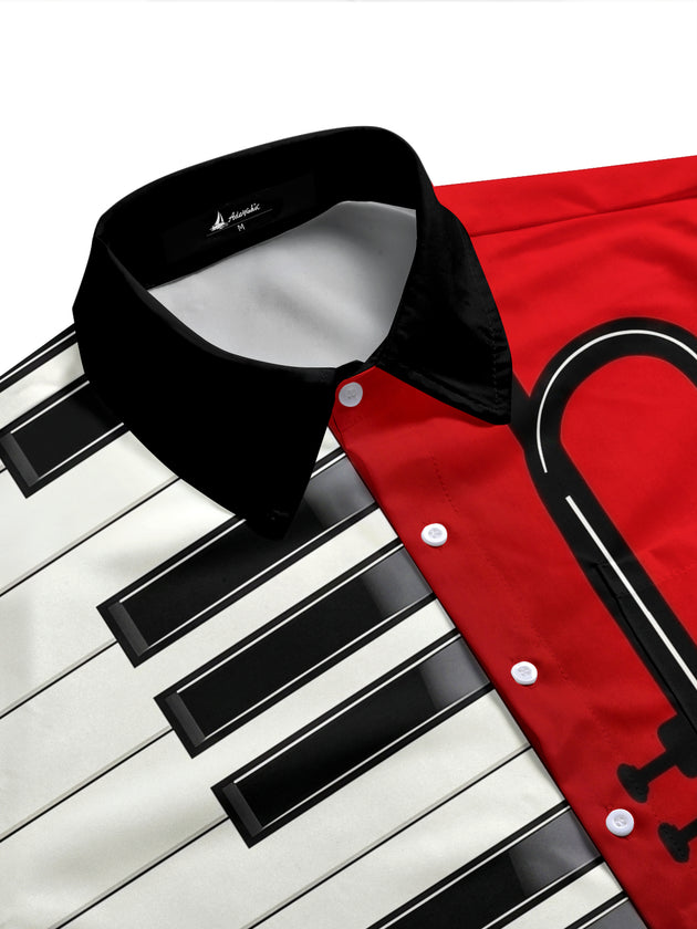 Adaychic Men's Graphic Piano Keyboard Print Short Sleeve Shirt with Chest Pocket