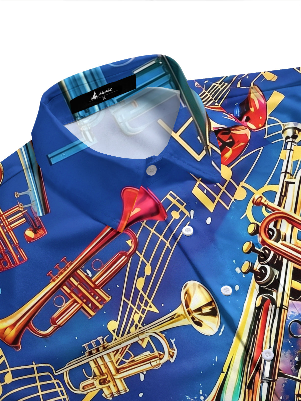Adaychic Men's Hawaiian Trumpet Musical Notes Print Short Sleeve Shirt with Chest Pocket