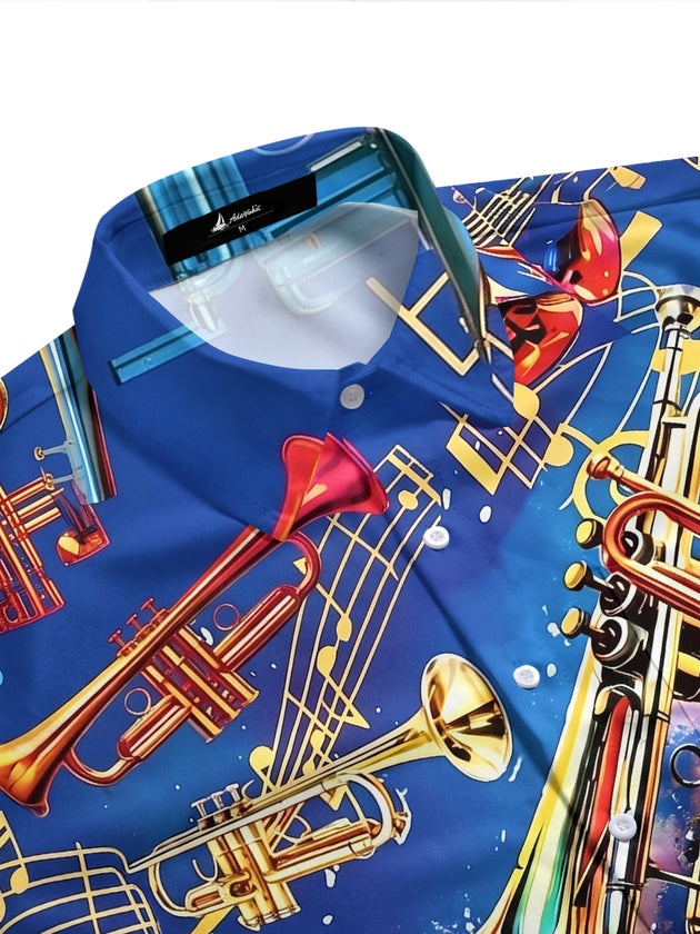 Adaychic Men's Hawaiian Trumpet Musical Notes Print Short Sleeve Shirt with Chest Pocket