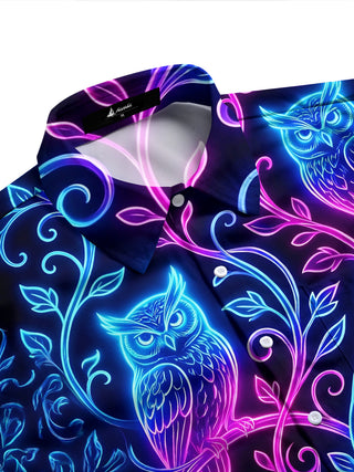 Adaychic Men's Graphic Neon Glow Owls On Branches Print Long Sleeve Shirt with Chest Pocket