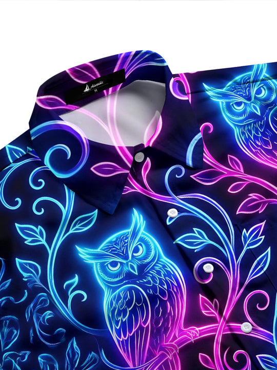 Adaychic Men's Graphic Neon Glow Owls On Branches Print Long Sleeve Shirt with Chest Pocket