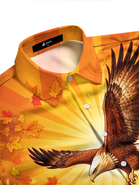 Adaychic Men's Thanksgiving Bald Eagle And Turkeys Print Long Sleeve Shirt with Chest Pocket