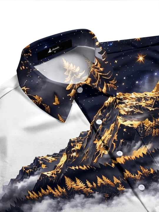 Adaychic Men's Printed Starry Sky Mountains And Forest Print Long Sleeve Shirt with Chest Pocket