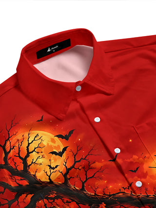 Adaychic Men's Graphic Halloween Witch And Pumpkins Print Short Sleeve Shirt with Chest Pocket