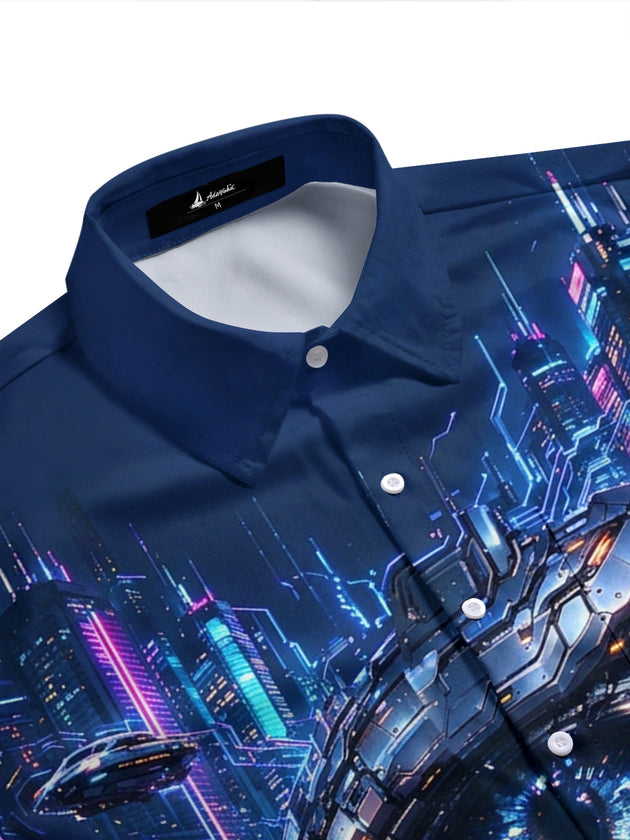 Adaychic Men's Cyberpunk Cityscape With Mechanical Eye Print Short Sleeve Shirt with Chest Pocket
