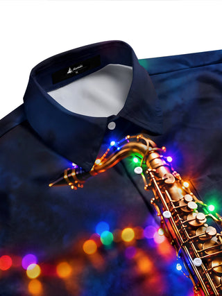 Adaychic Men's Saxophone And Christmas Light String Print Long Sleeve Shirt with Chest Pocket