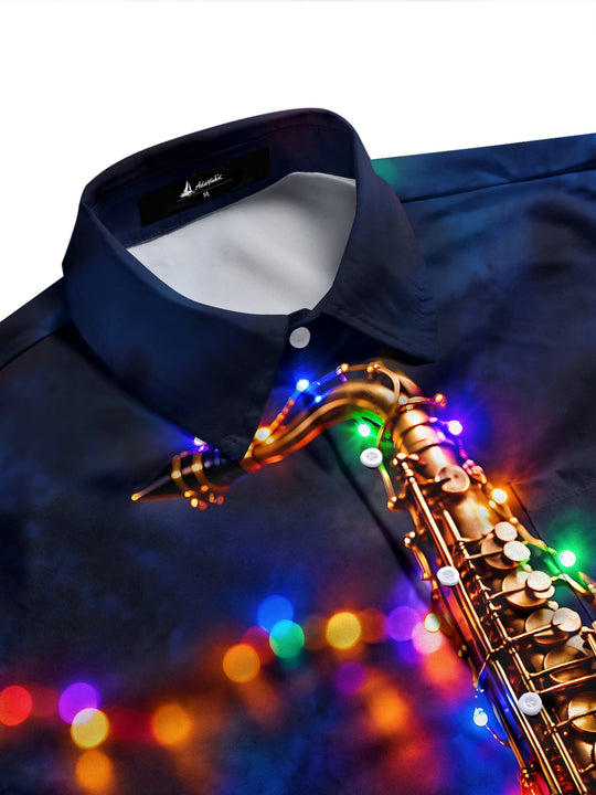 Adaychic Men's Saxophone And Christmas Light String Print Long Sleeve Shirt with Chest Pocket