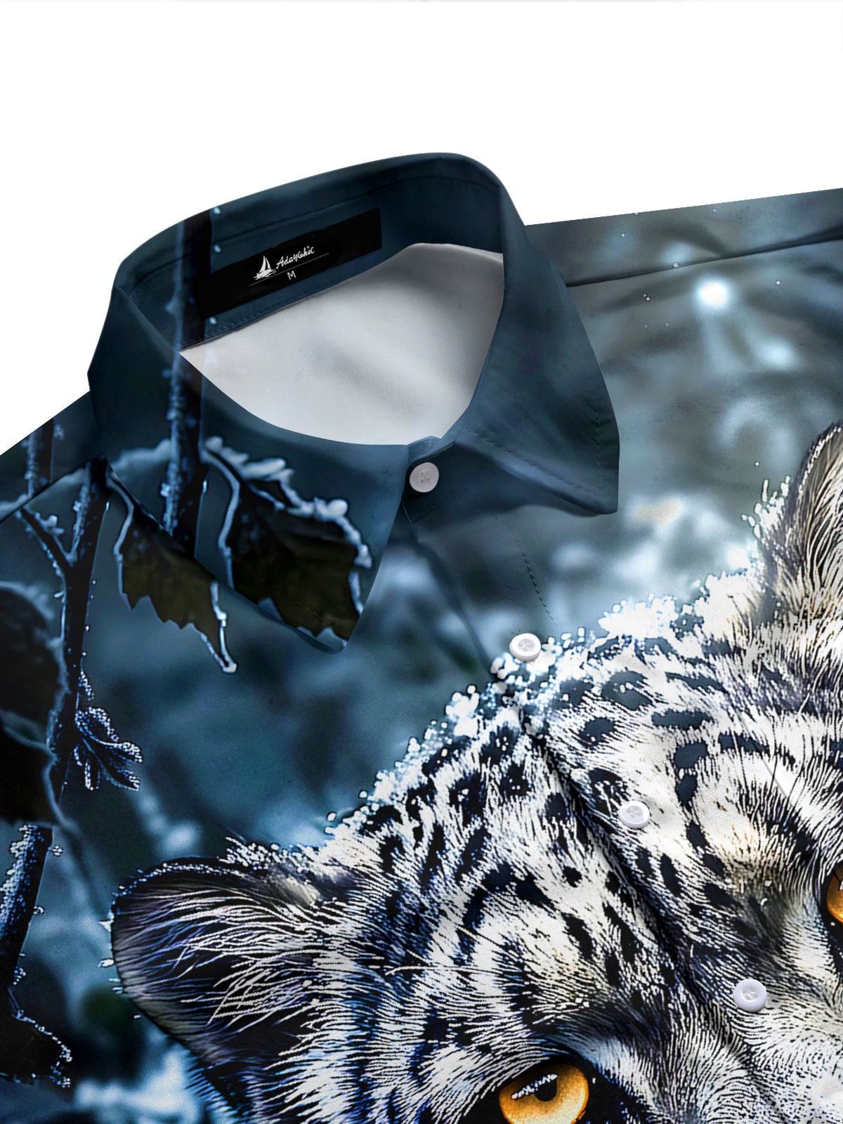 Adaychic Men's Printed Snow Leopard Face Print Long Sleeve Shirt with Chest Pocket
