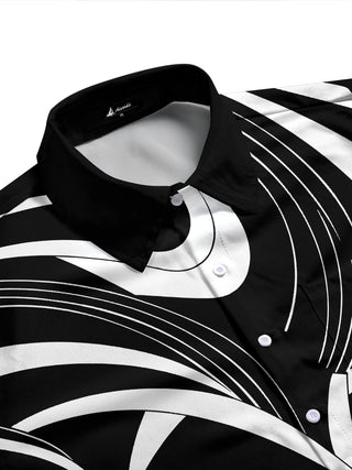 Adaychic Men's Abstract Geometric Curved Lines Print Long Sleeve Shirt with Chest Pocket