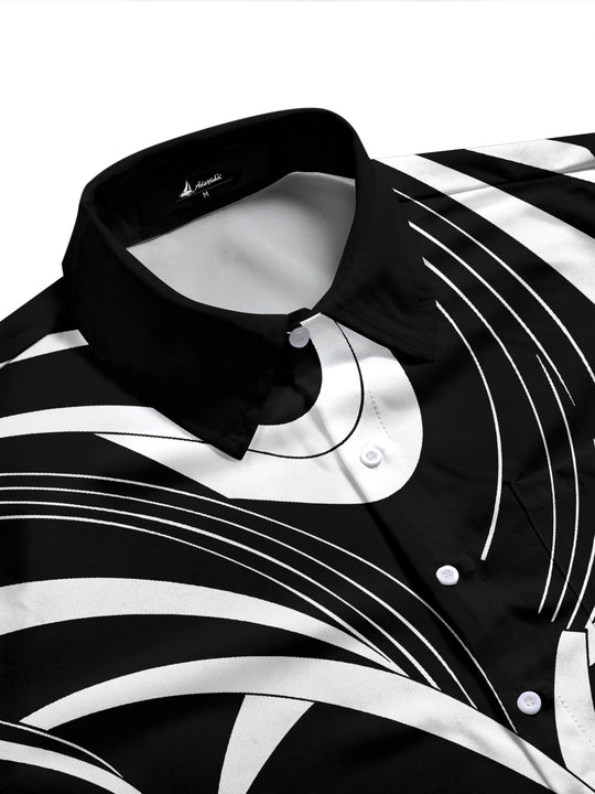 Adaychic Men's Abstract Geometric Curved Lines Print Long Sleeve Shirt with Chest Pocket