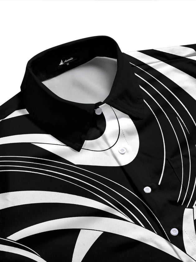 Adaychic Men's Abstract Geometric Curved Lines Print Long Sleeve Shirt with Chest Pocket