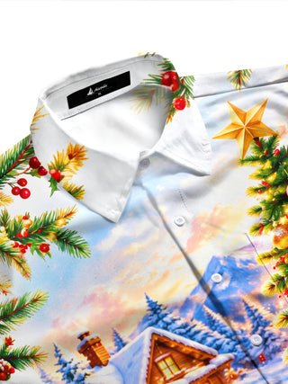Adaychic Men's Squirrel In Santa Hat And Christmas Tree Print Long Sleeve Shirt with Chest Pocket