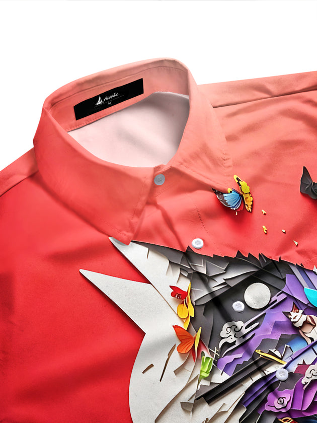 Adaychic Men's Graphic 3D Cat Print Butterfly Landscape Print Long Sleeve Shirt with Chest Pocket