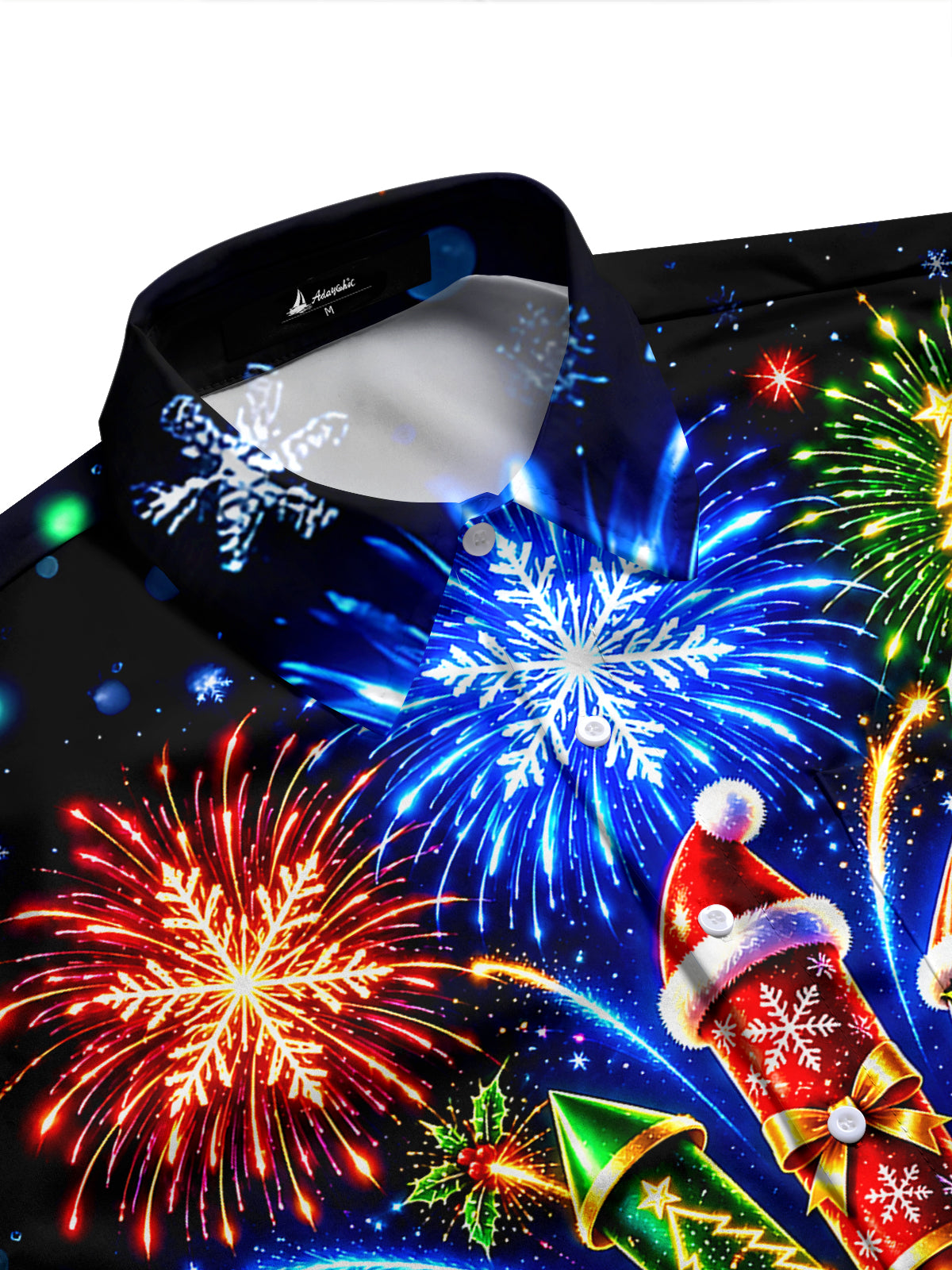 Adaychic Men's Long Sleeve Shirt - Christmas Fireworks Rockets And Ornaments Print with Chest Pocket