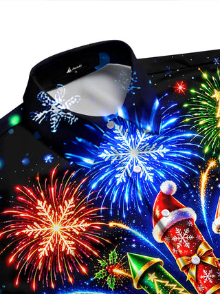 Adaychic Men's Long Sleeve Shirt - Christmas Fireworks Rockets And Ornaments Print with Chest Pocket