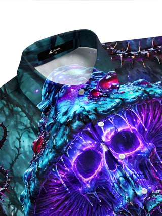 Adaychic Men's Graphic Neon Skull Mushroom Print Short Sleeve Shirt with Chest Pocket